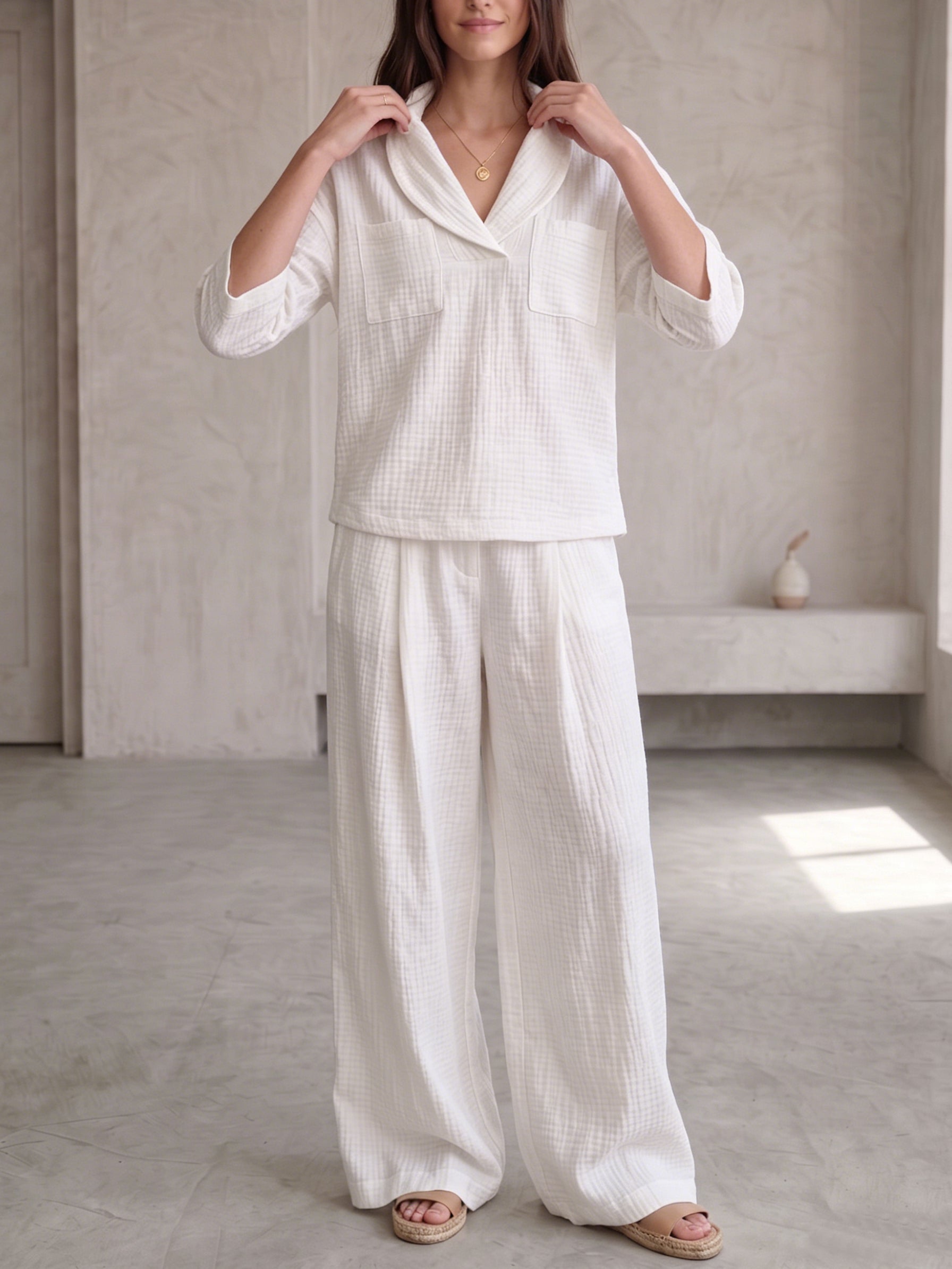 Clearance Sale🔥 Women's Peter Pan Collar V-Neck 3/4-Sleeve Cotton-Linen Two-Piece Set