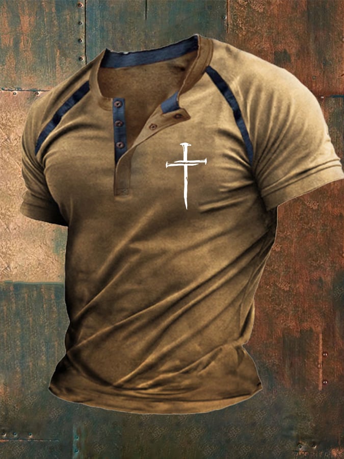 Men'S Nail Cross Print Henley Collar Top