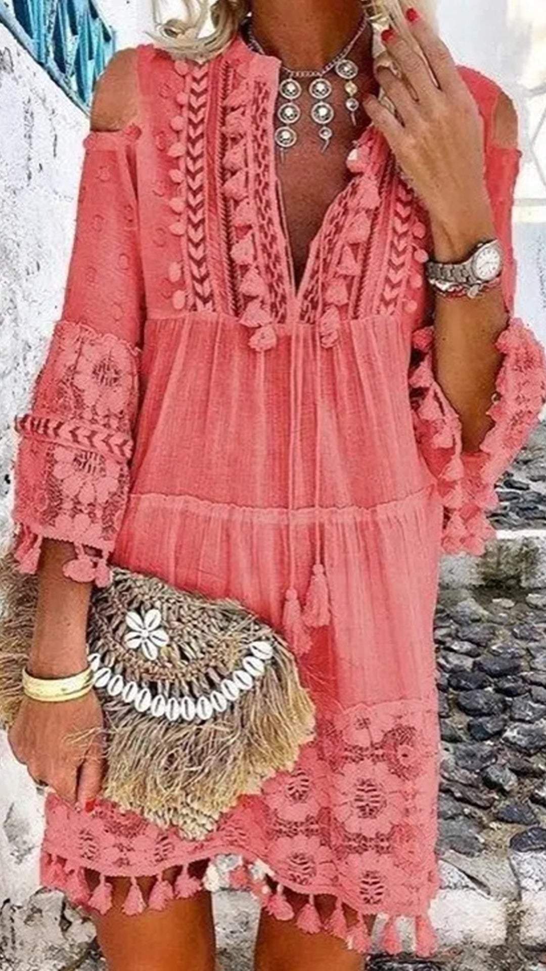 Women's Bohemian Tassel Cotton-Blend Dress