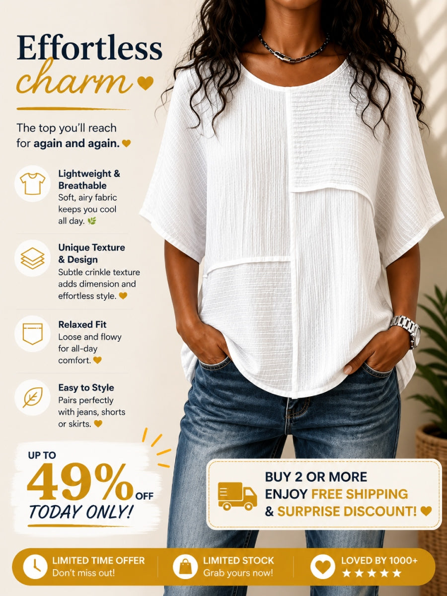 🔥 CLEARANCE SALE🔥 Women's Textured Patchwork Top with Round Neck and Short Sleeves