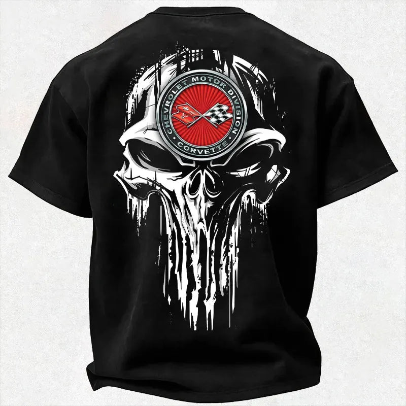 Vette Cross Flags Logo Motor Division Punisher Skull Vintage Cotton Print Men's T-Shirt