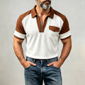 Men's Flap Pocket Waffle Textured Colorblock Short Sleeve Half Zip Polo Shirt