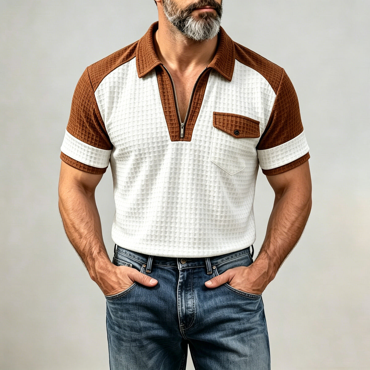 Men's Flap Pocket Waffle Textured Colorblock Short Sleeve Half Zip Polo Shirt