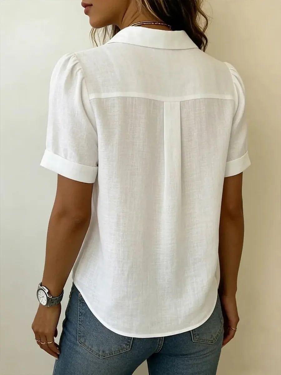 Clearance Sale🔥 Women's Lapel Short-sleeved Casual Loose Pleated Cotton And Linen Shirt T Shirts
