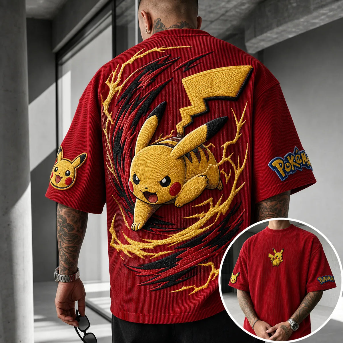 Pokémon Unisex Anime-Style Retro Corduroy Oversized T-Shirt
