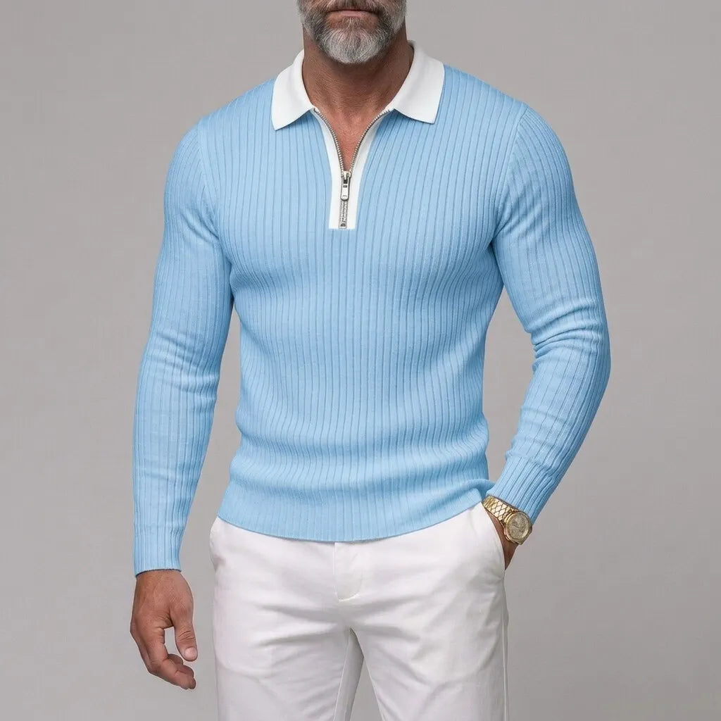 Men's Business Casual Solid Color Ribbed Knit Slim Zipper Long Sleeve Polo Shirt