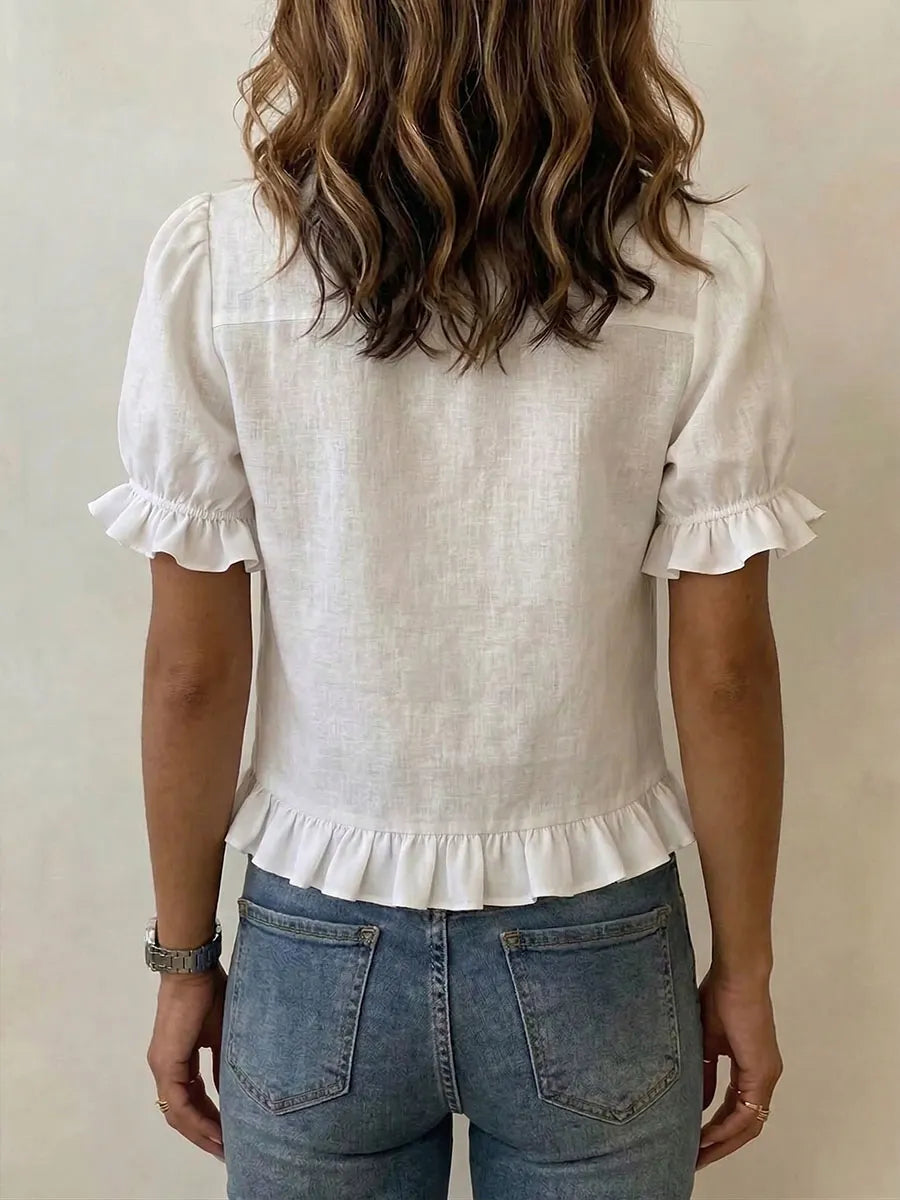 New Arrivals🔥Women's Solid-color Short-sleeve Casual Loose Cotton-linen Shirt With Cardigan Collar