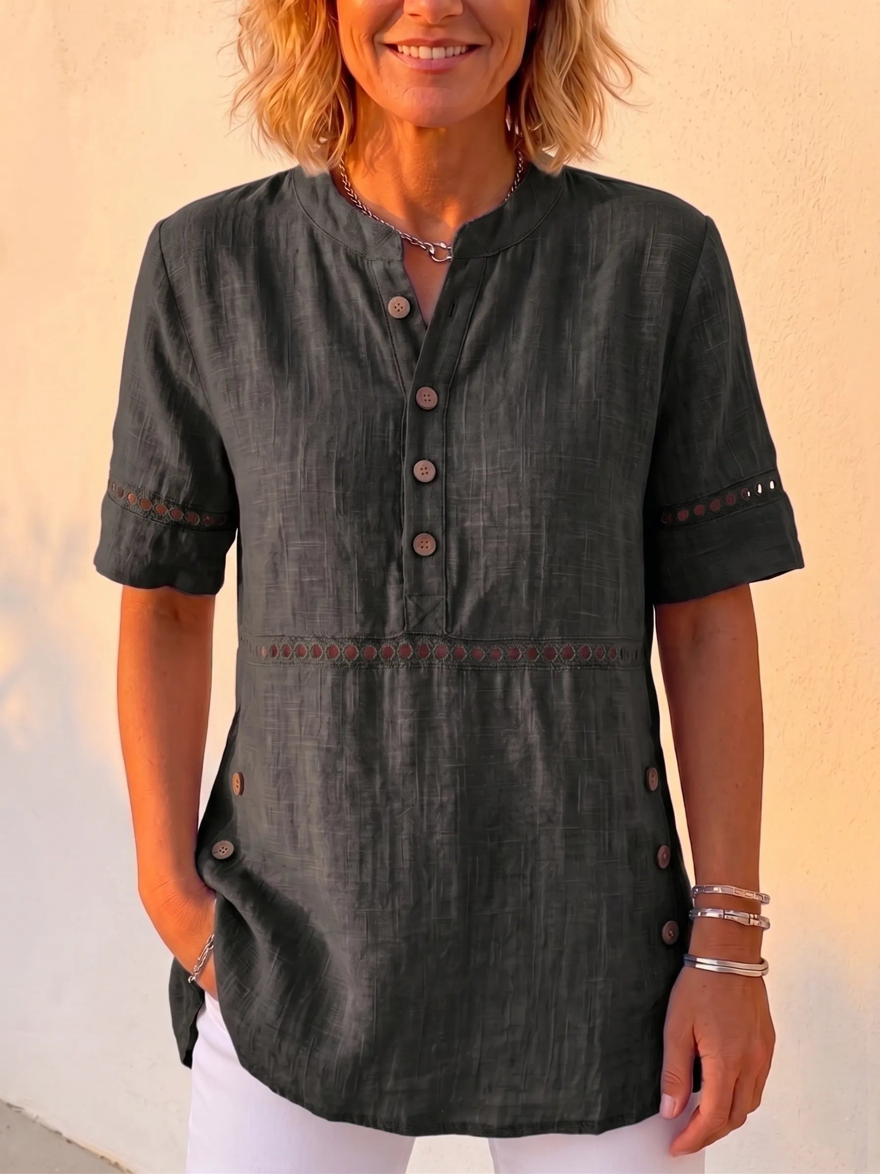 Clearance Sale🔥 Vintage Cotton-Linen Look Eyelet Embroidery Short Sleeve Blouse - Casual Half-Placket Button-Down Breathable Tunic Top