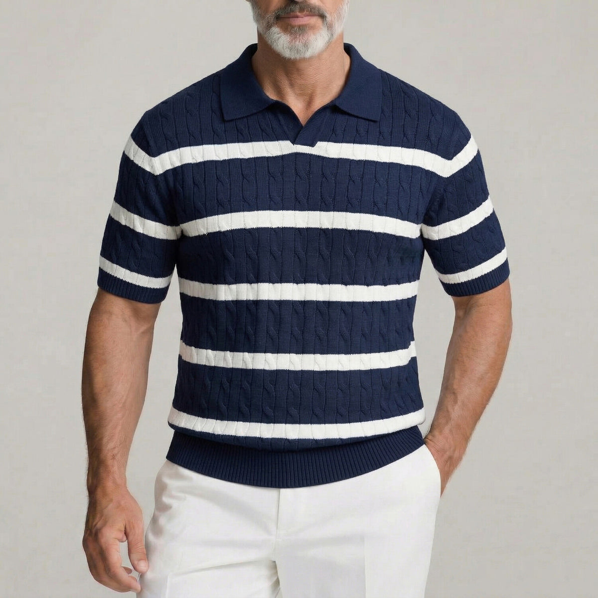 Men's Casual White Cable Knitted Contrast Striped Slim Fit Polo Shirt