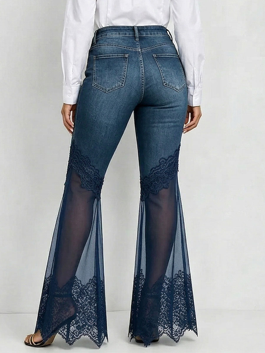 Women's High-waisted Loose-fit Lace-paneled Denim Wide-leg Pants