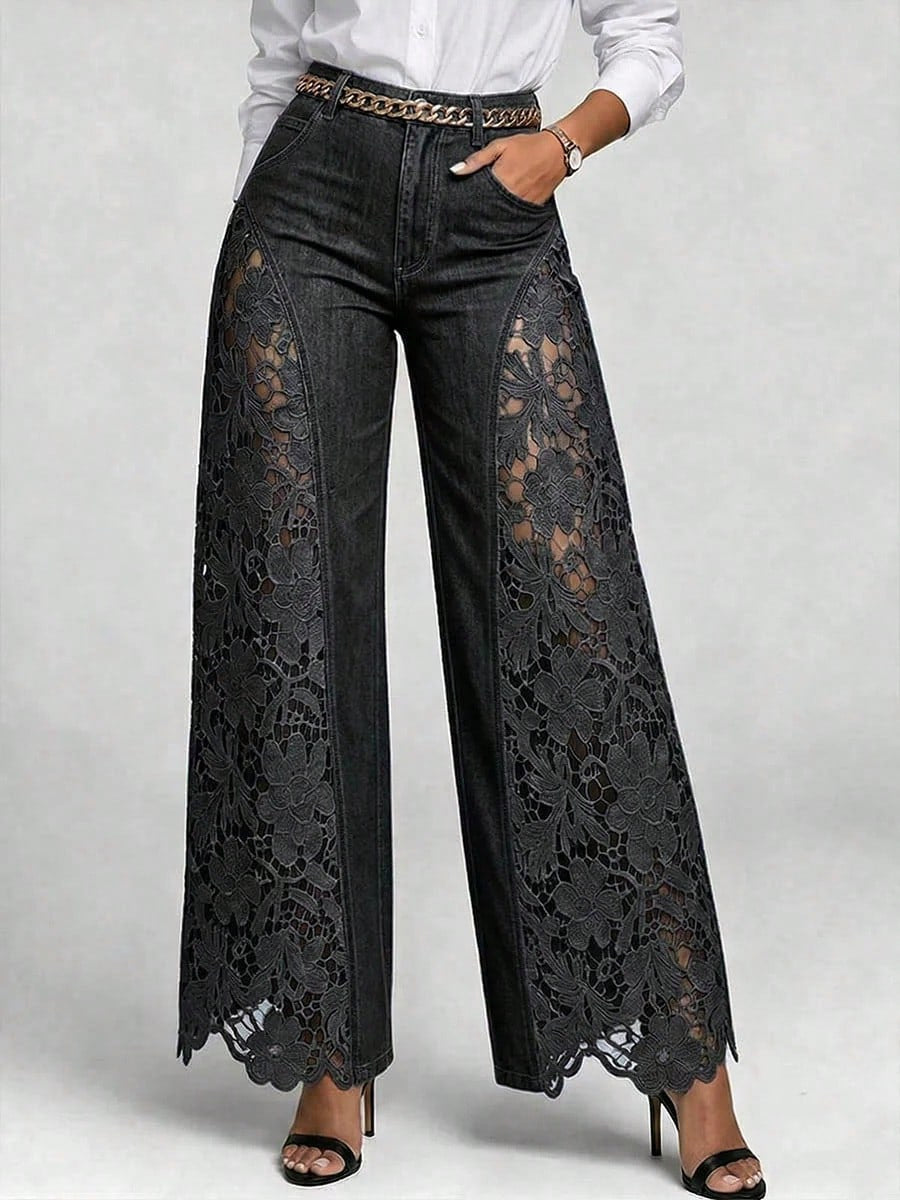 Summer Hollow Out Jeans 💗 Women Elegant High Waist Wide Leg Bottoms