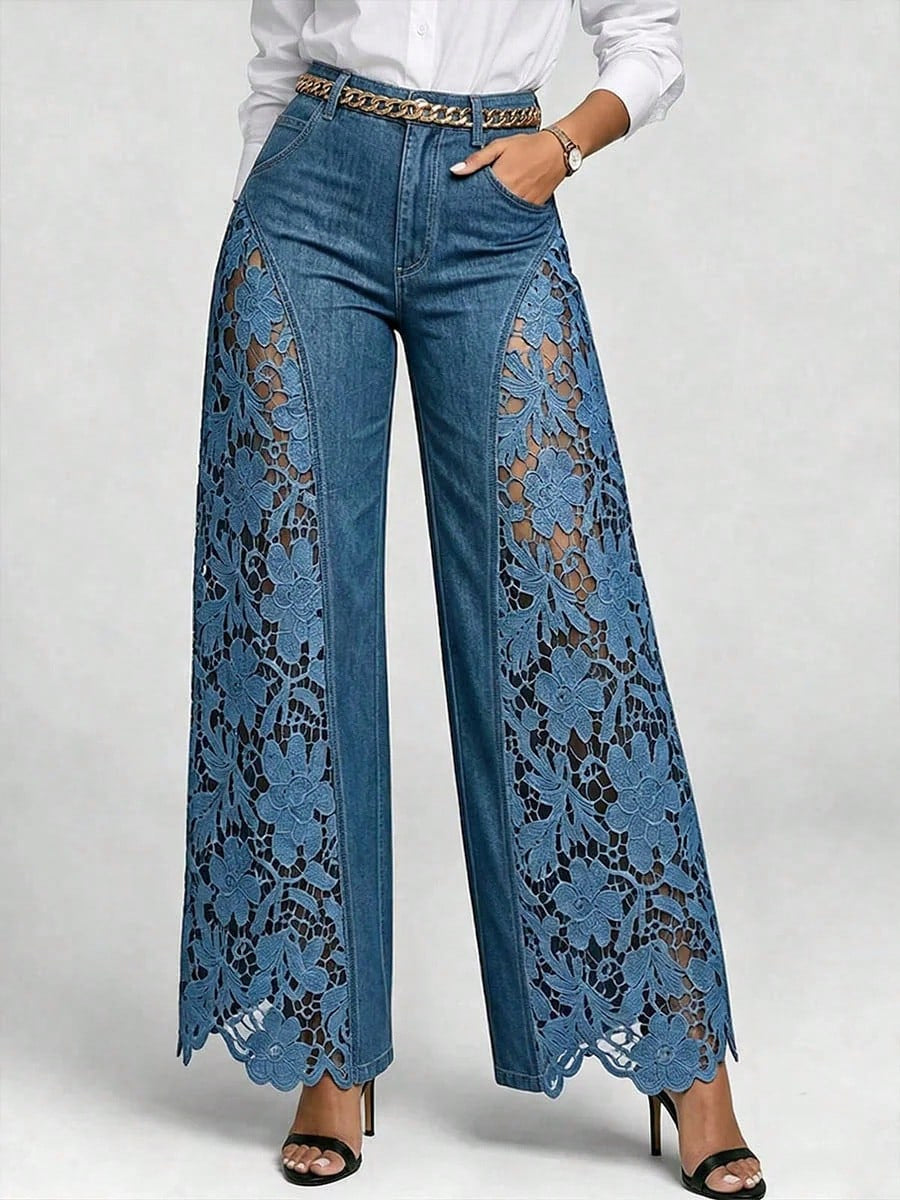 Summer Hollow Out Jeans 💗 Women Elegant High Waist Wide Leg Bottoms