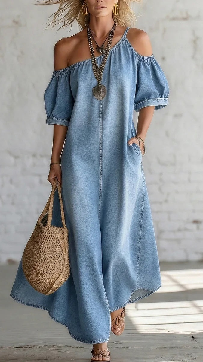Women's Loose-Fit, Elegant Off-Shoulder Denim Maxi Dress with Slit