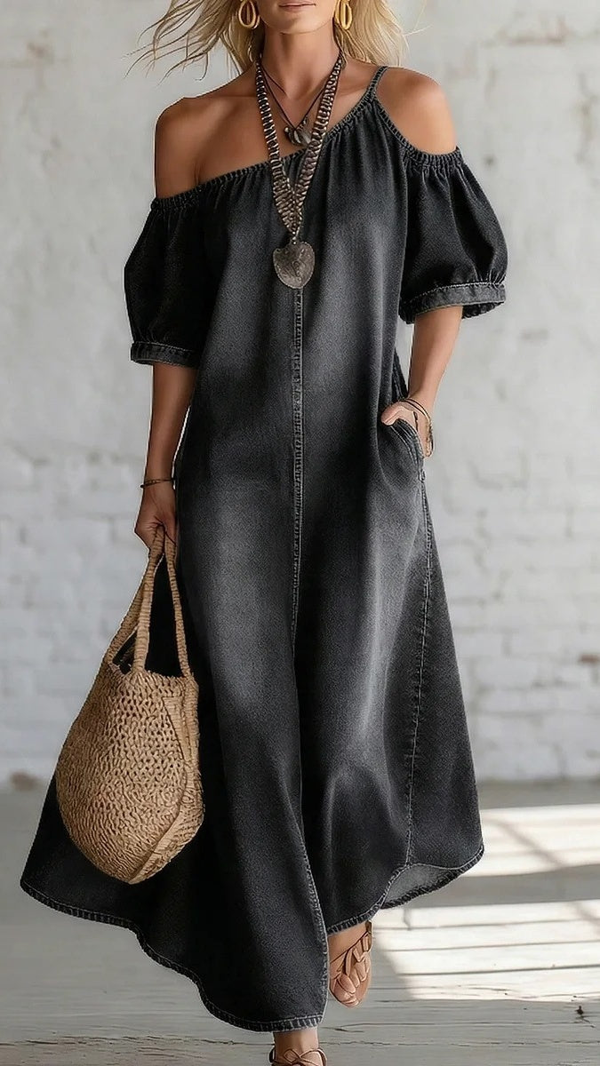Women's Loose-Fit, Elegant Off-Shoulder Denim Maxi Dress with Slit