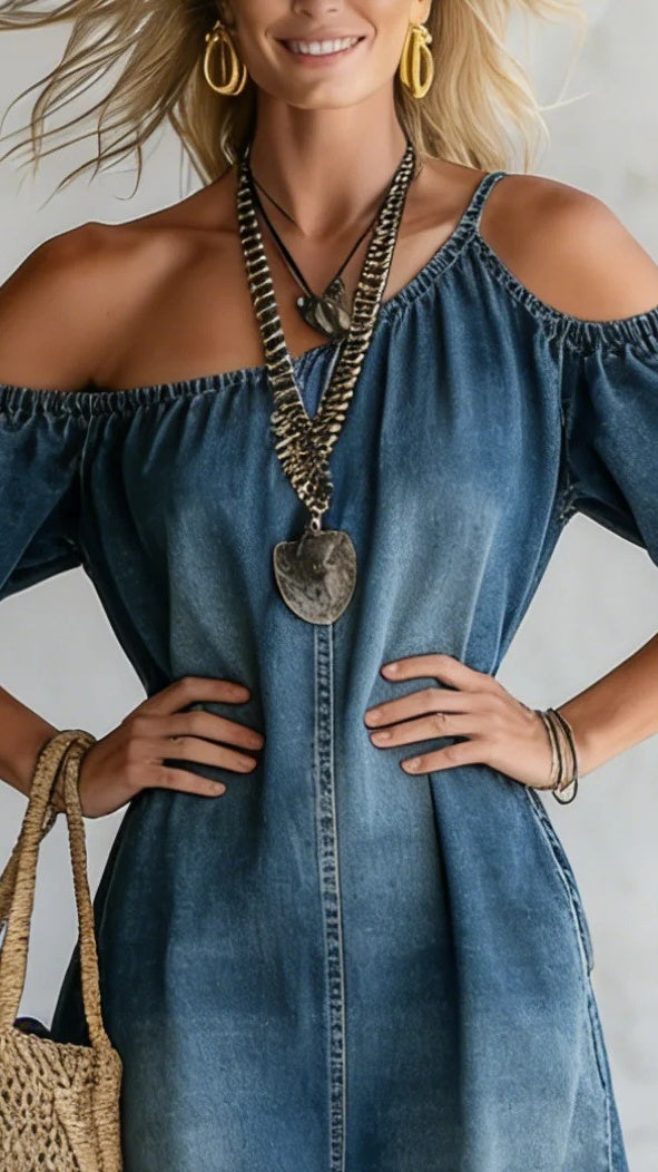 Women's Loose-Fit, Elegant Off-Shoulder Denim Maxi Dress with Slit