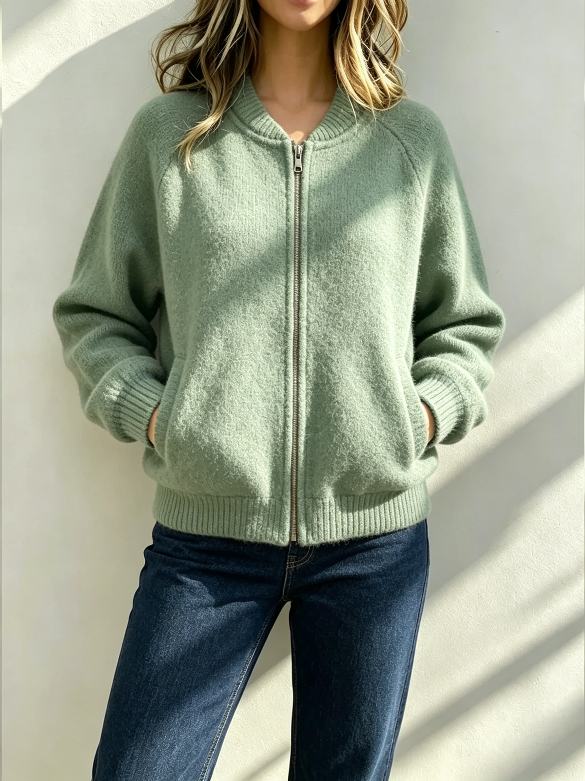 Women's Plush Crew-Neck Zip-Up Jacket