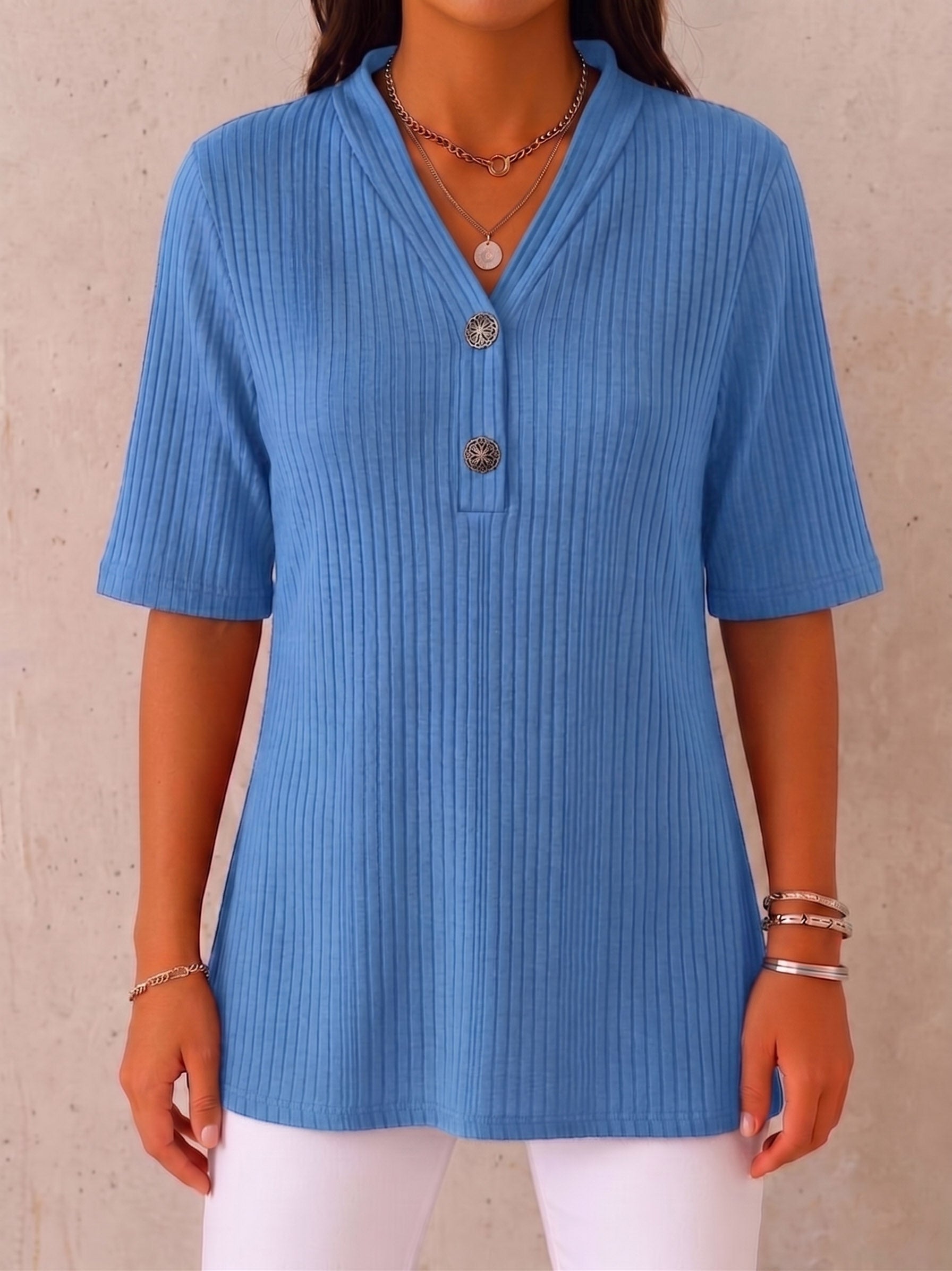 CLEARANCE SALE🔥 Ribbed Button-Neck Tee