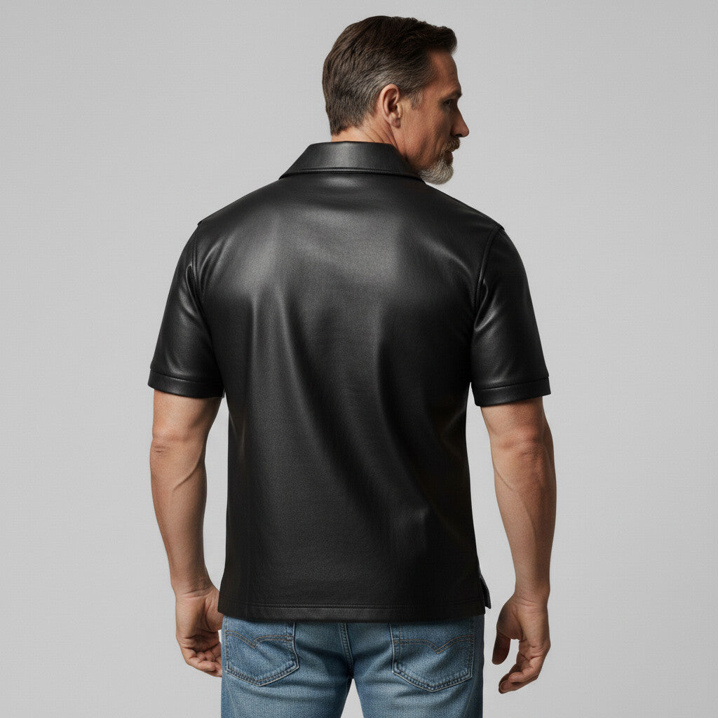 Men's PU Leather Patchwork Denim Two-Tone Slim Short Sleeve Polo Shirt