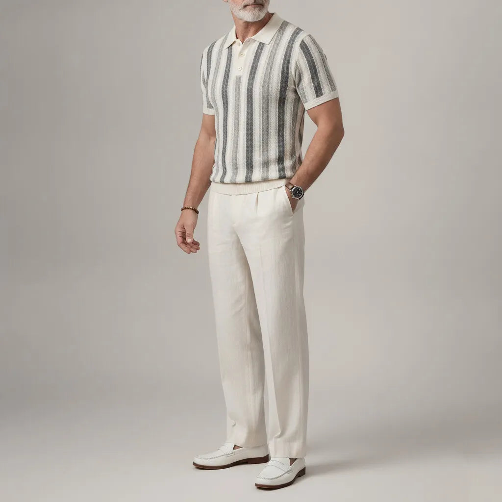 Men's Casual Contrast Striped Hollow Out Ribbed Hem Slim Fit Polo Shirt