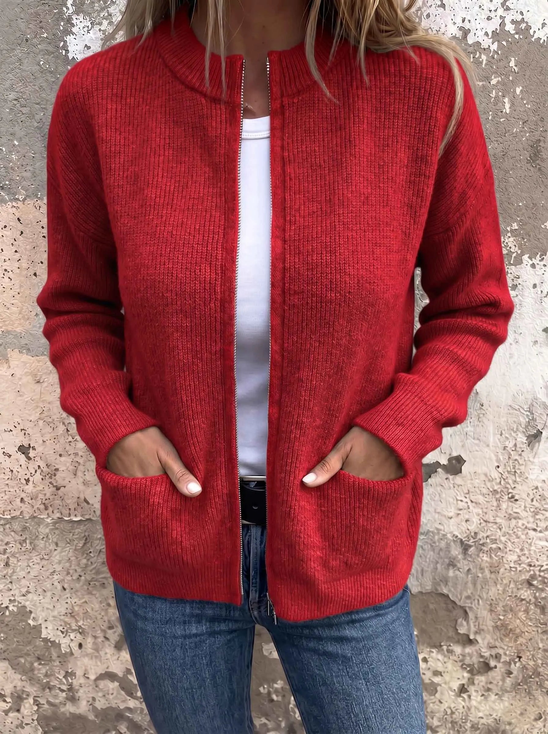 CLEARANCE SALE🔥 Round Neck Ribbed Knit Zip Jacket