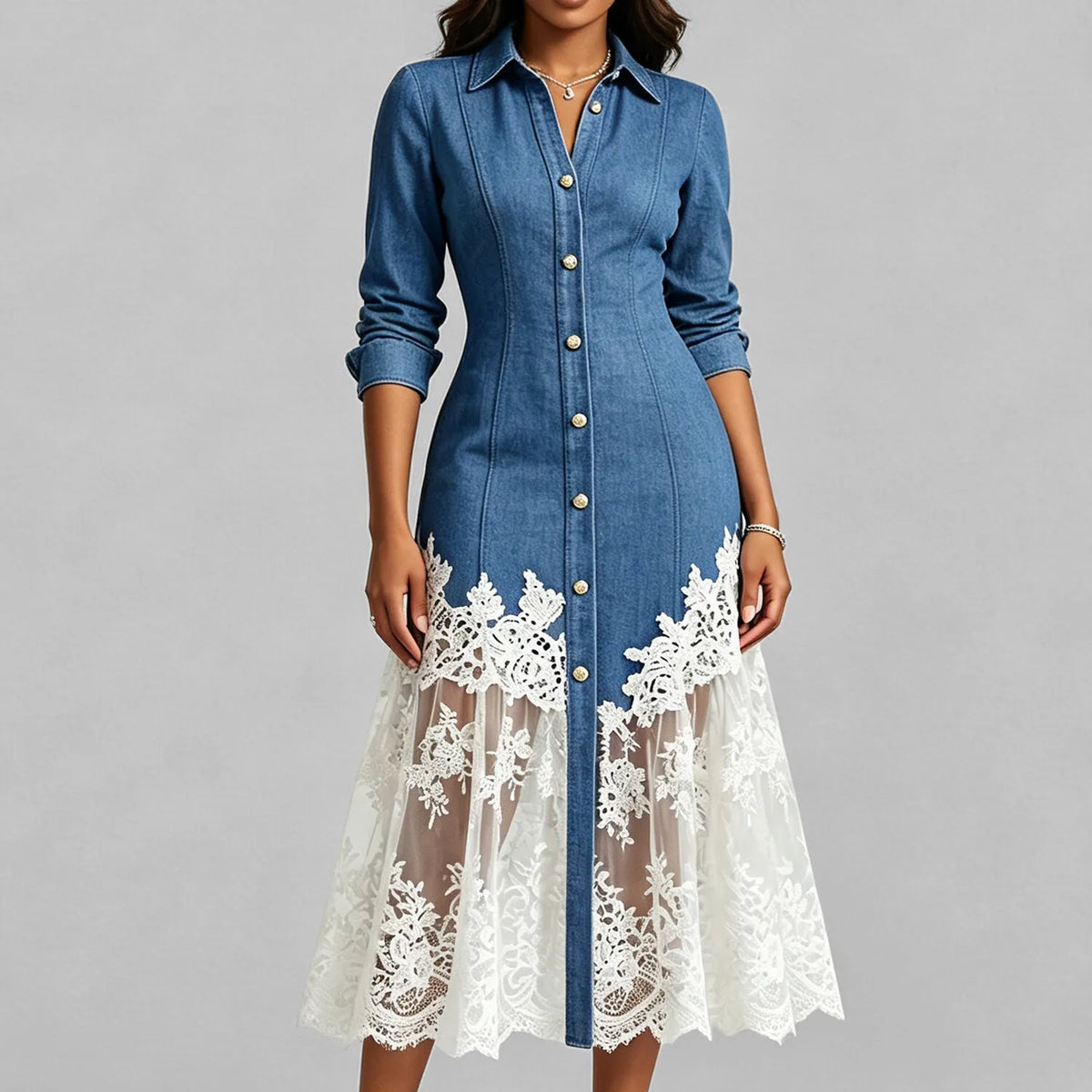 Women's Contrast Color Lace Patchwork Shirt Collar Single Breasted Denim Midi Dress