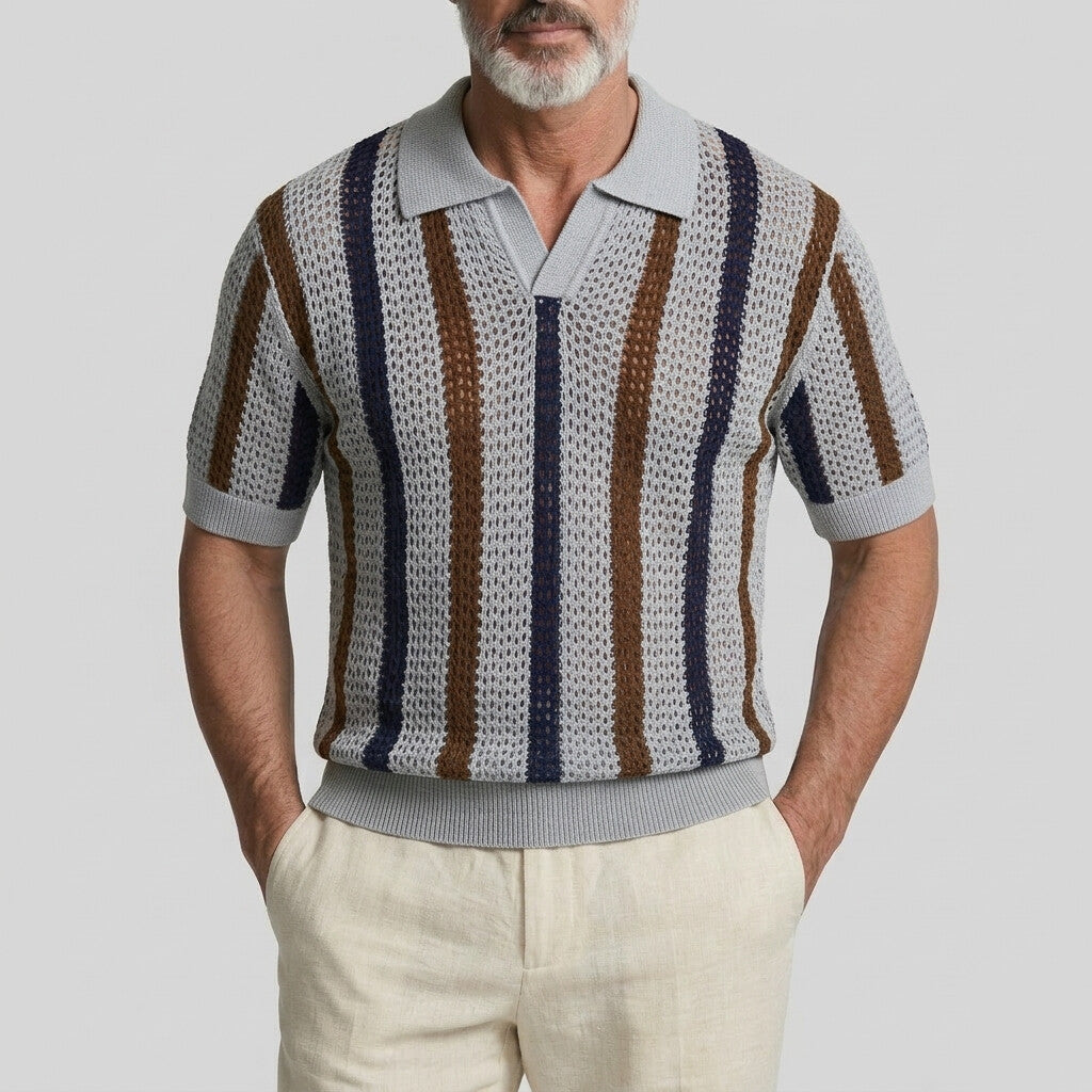 Men's Colorblock Striped Hollow Out Crochet Knit Polo Shirt