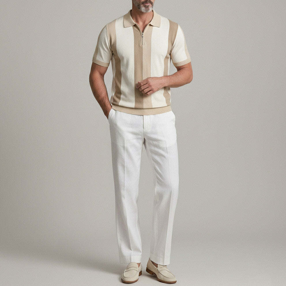 Men's Business Casual Colorblock Half Zipper Slim Knitted Polo Shirt