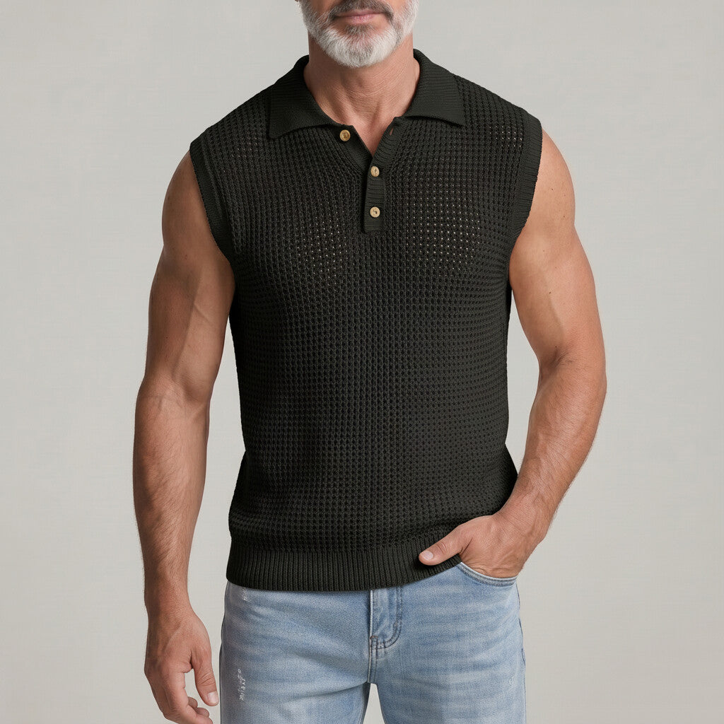 Men's Solid Color Crochet Hollow Out Breathable Sleeveless Polo Shirt