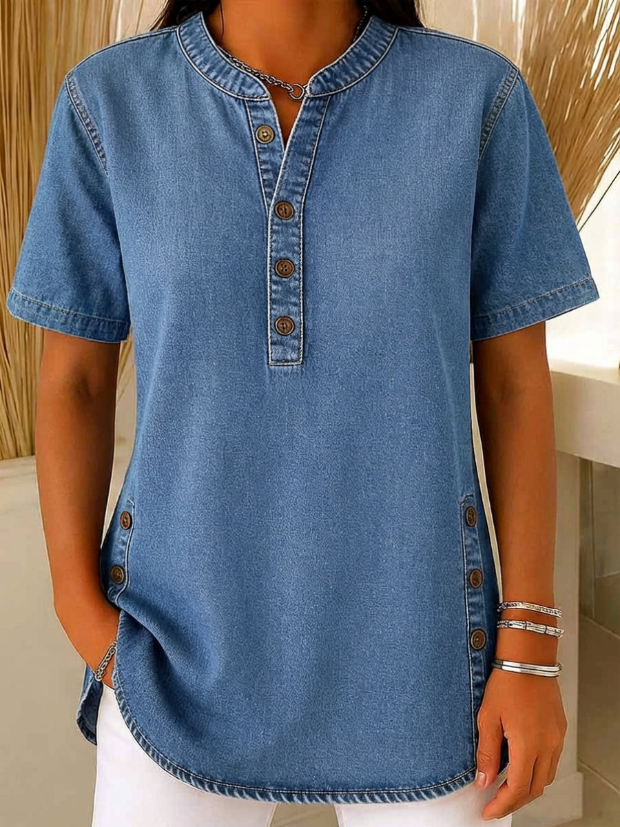 Clearance Sale🔥 Women's V-neck short-sleeved Casual Button-up Loose Denim Top