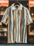Men's Business Casual Stripe Print Button Short Sleeve Polo Shirt