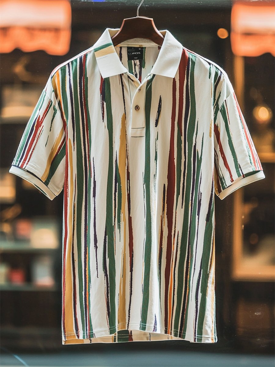Men's Business Casual Stripe Print Button Short Sleeve Polo Shirt