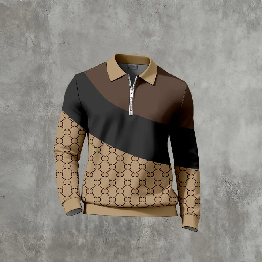 Men's Casual Color Matching Printed Long Sleeves Polo Shirts