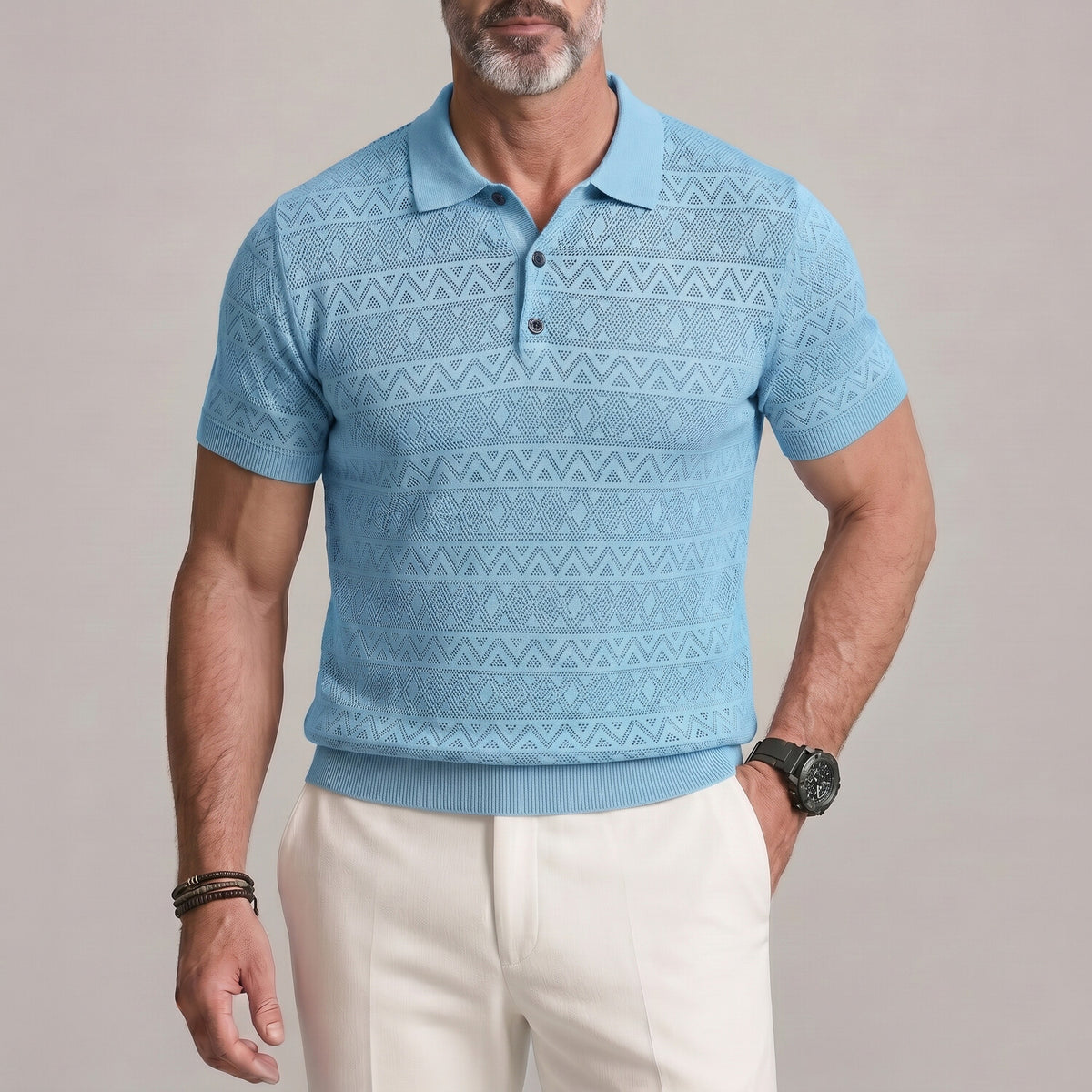 Men's Daily Solid Color Hollow Out Diamonds Texture Slim Polo Shirt