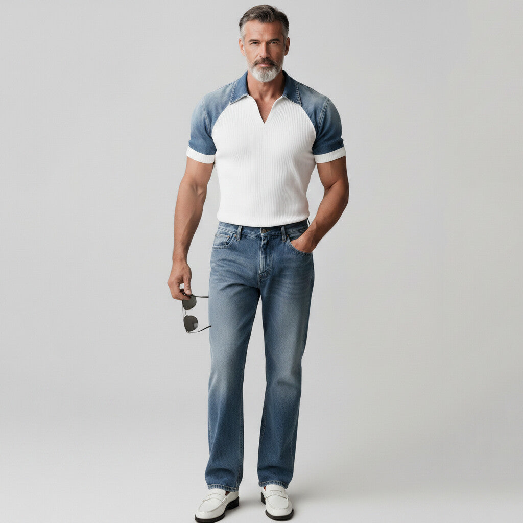 Men's White Ribbed Knit Denim Patchwork Short Sleeve Polo Shirt