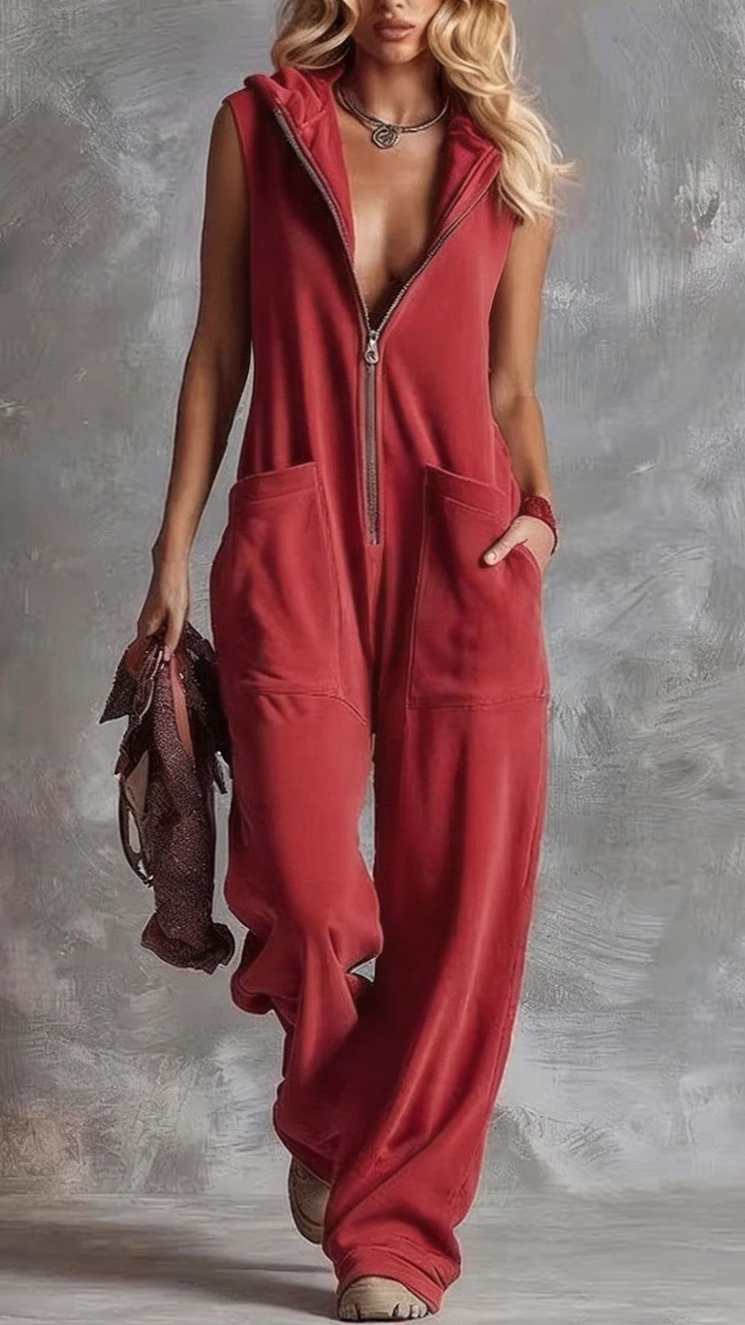 Women's  Cotton-Blend Hooded Sleeveless Jumpsuit