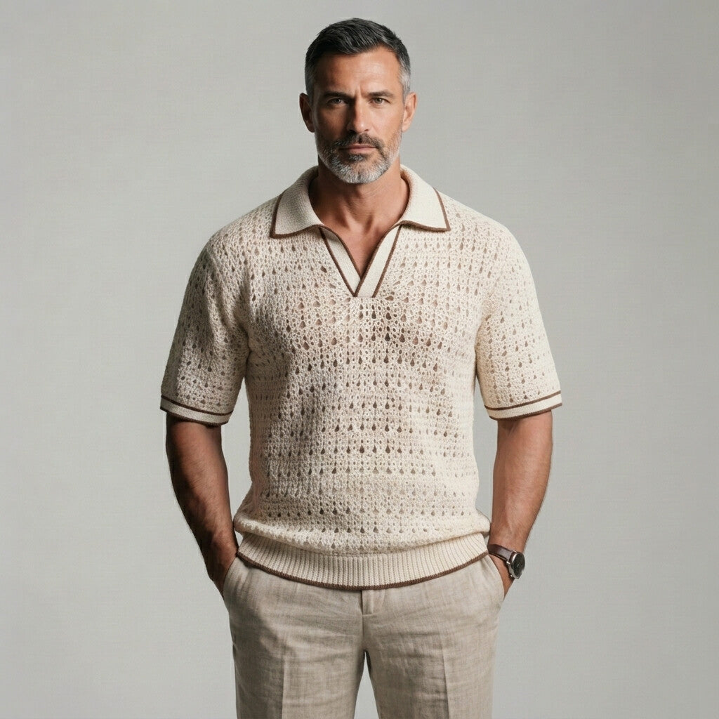 Men's Beige Contrast Binding Turndown Collar Crochet Knit Polo Shirt
