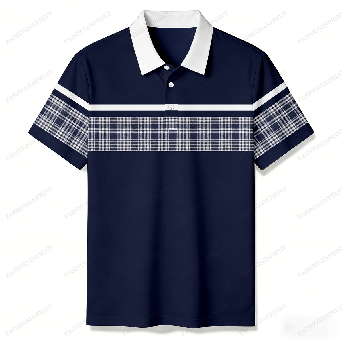 Men's Navy Blue Checkered Casual Short Sleeved Polo Shirt