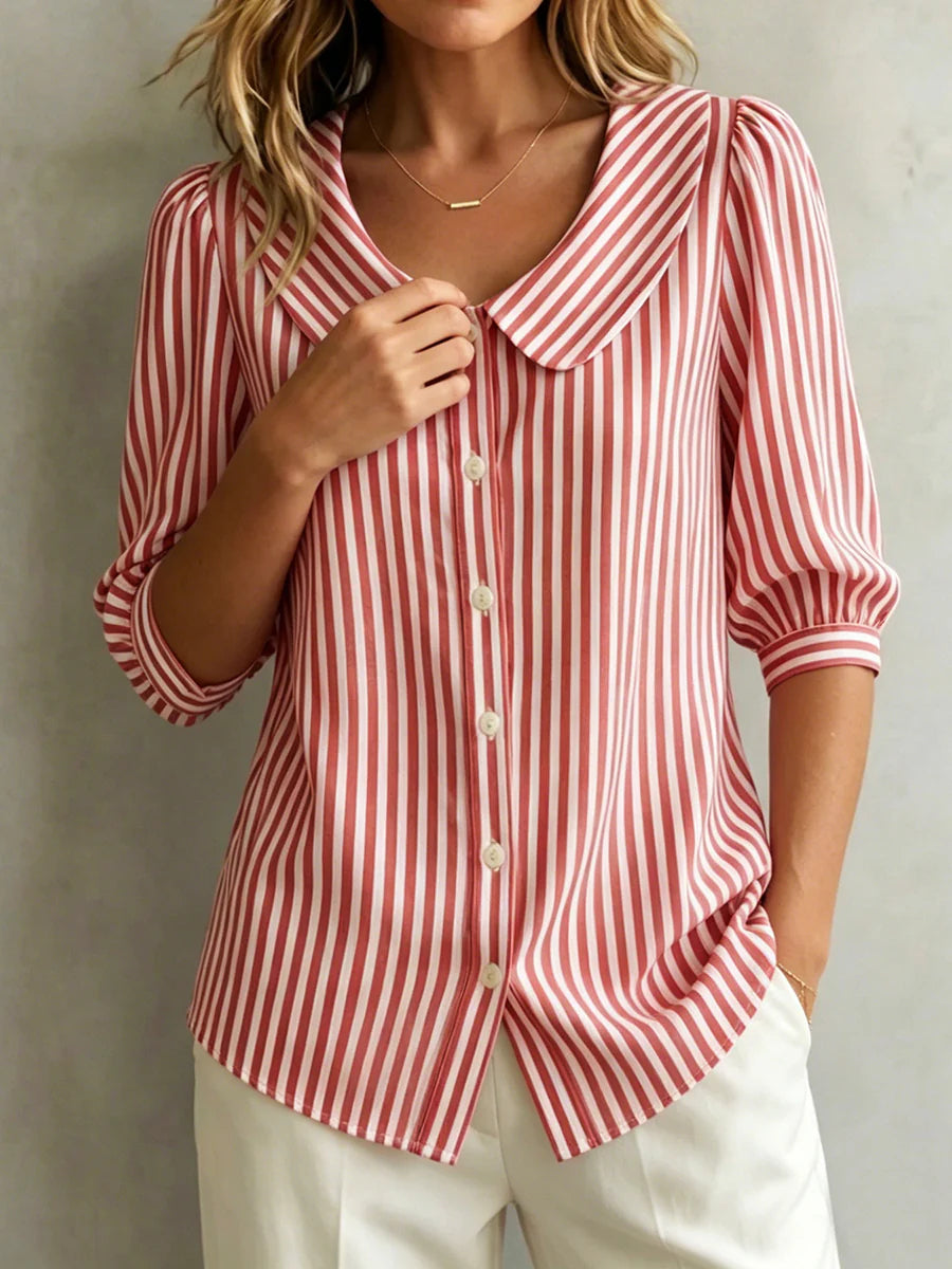Clearance Sale🔥 Women's Retro Peter Pan Collar Striped Cotton Linen Shirt