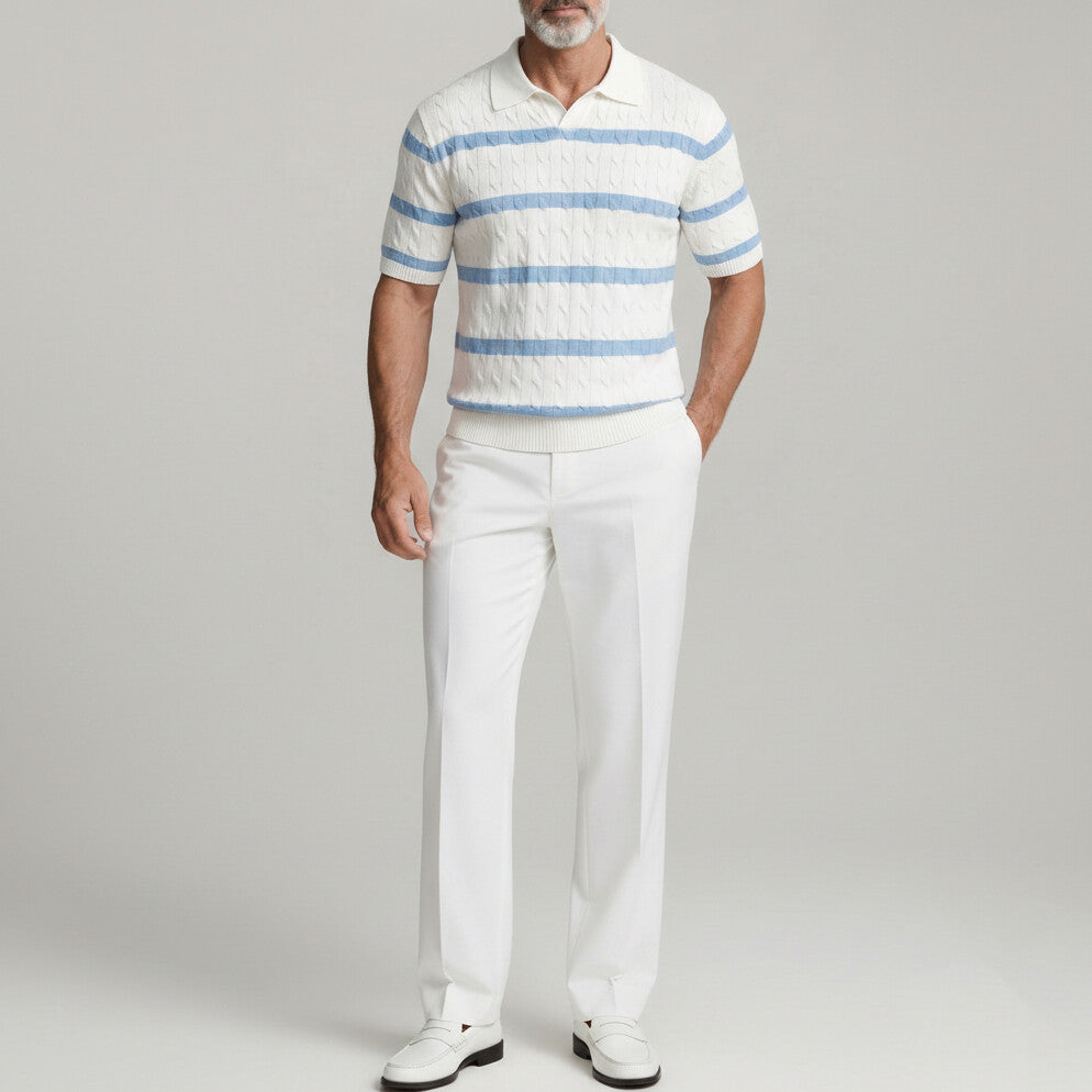 Men's Casual White Cable Knitted Contrast Striped Slim Fit Polo Shirt