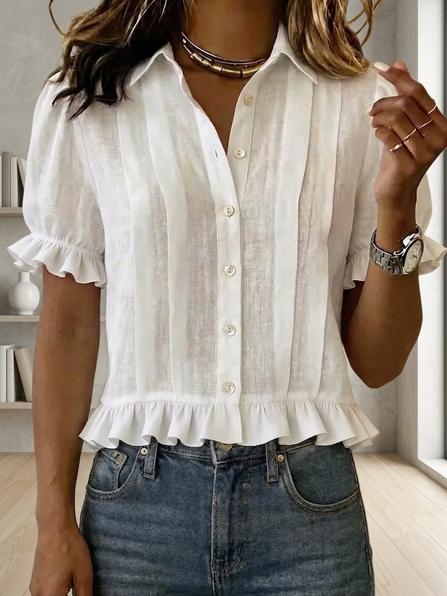 New Arrivals🔥Women's Solid-color Short-sleeve Casual Loose Cotton-linen Shirt With Cardigan Collar