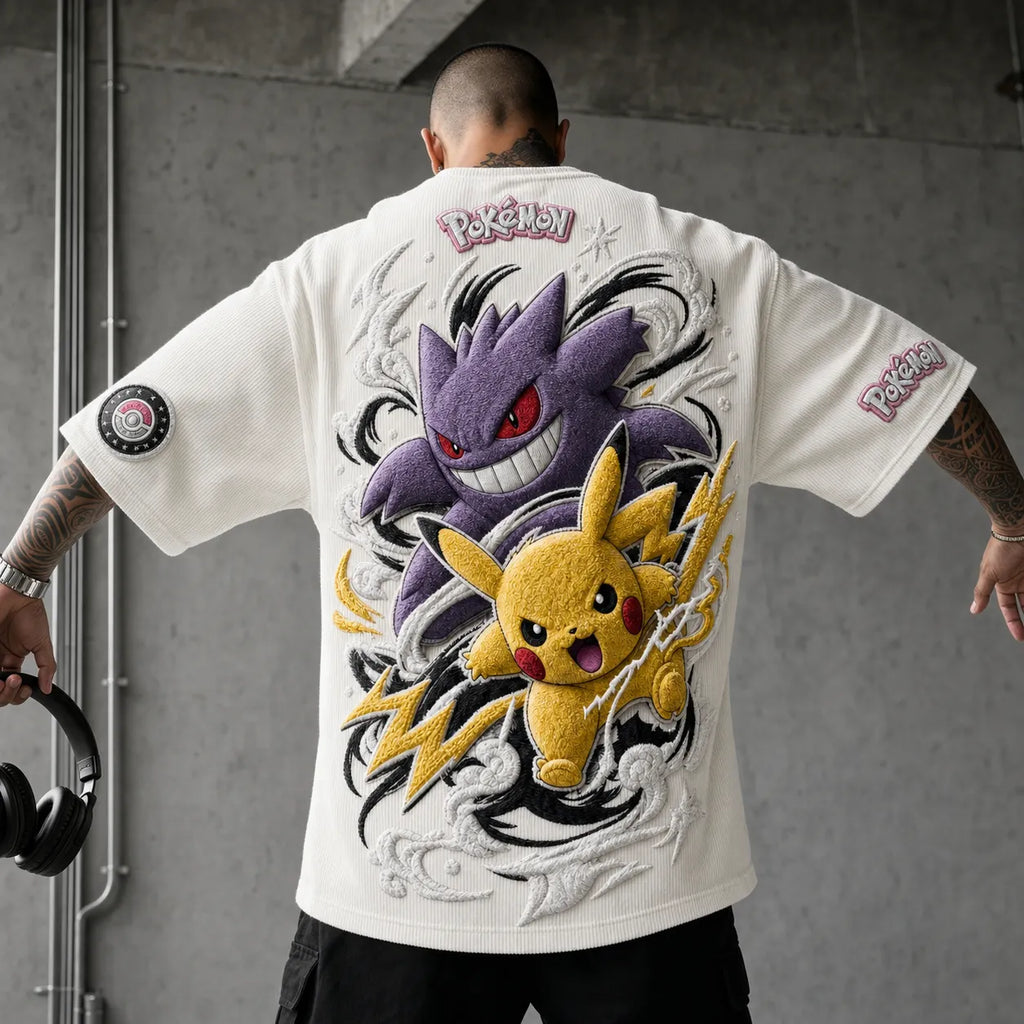 Pokémon Unisex Anime-Style Retro Corduroy Oversized T-Shirt