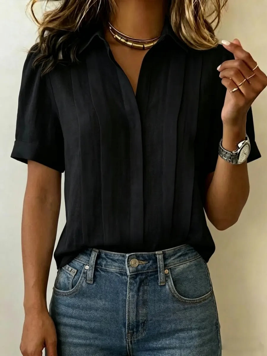 Clearance Sale🔥 Women's Lapel Short-sleeved Casual Loose Pleated Cotton And Linen Shirt T Shirts