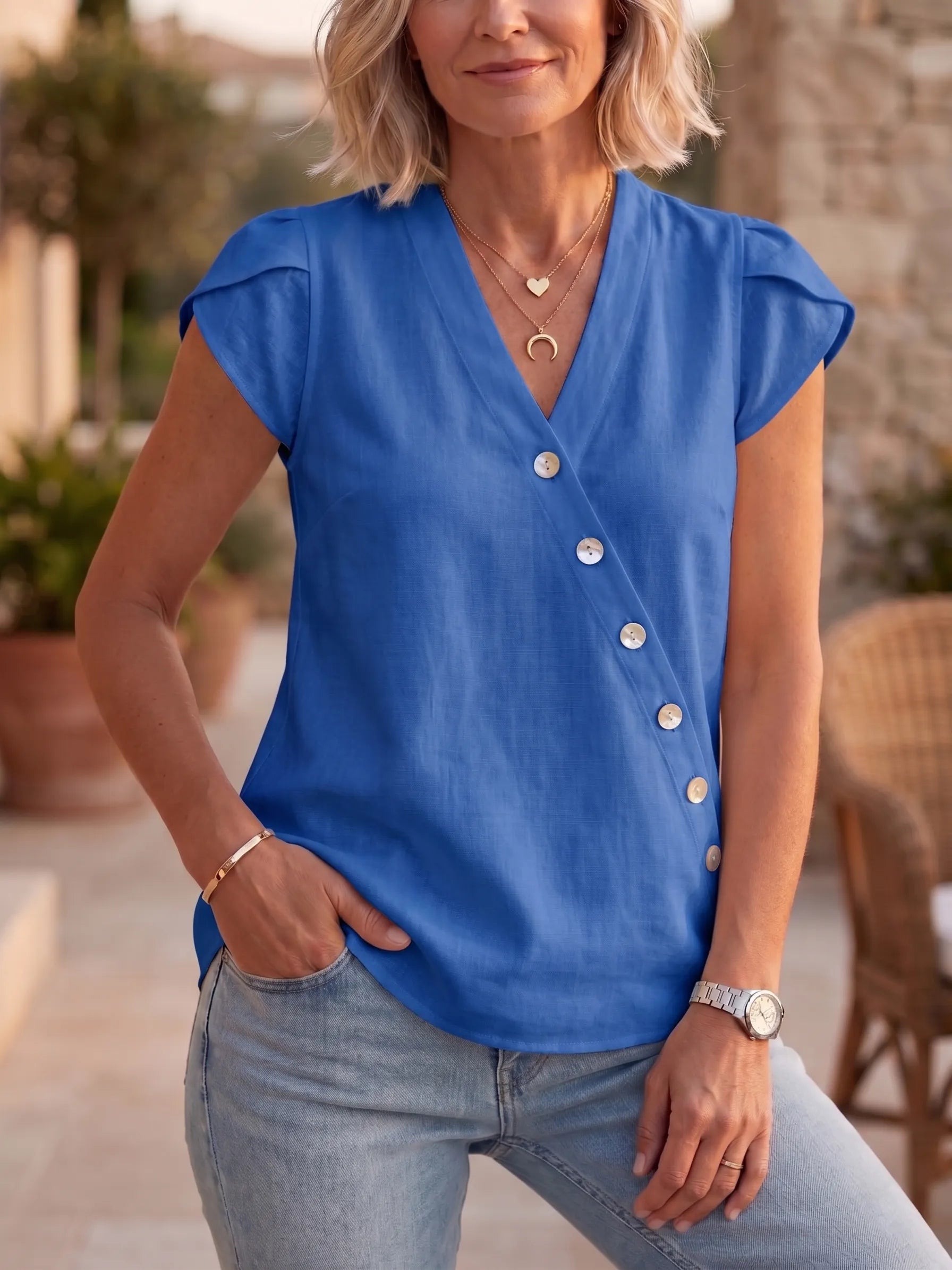 Clearance Sale🔥 Summer Chic Asymmetric V-Neck Linen Top - Breathable Short Sleeve Blouse