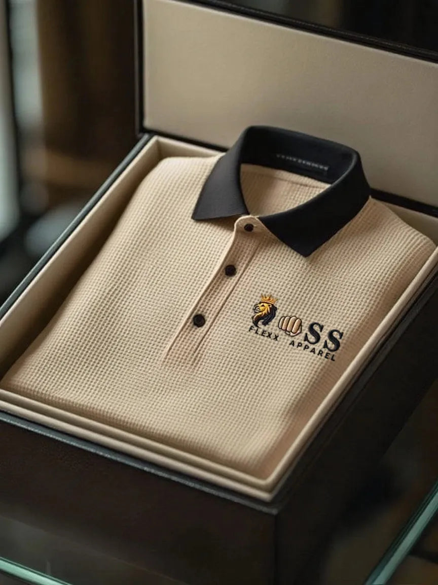 Men's Fashion Business Style Letter Printed Waffle Casual Short Sleeve POLO Shirt
