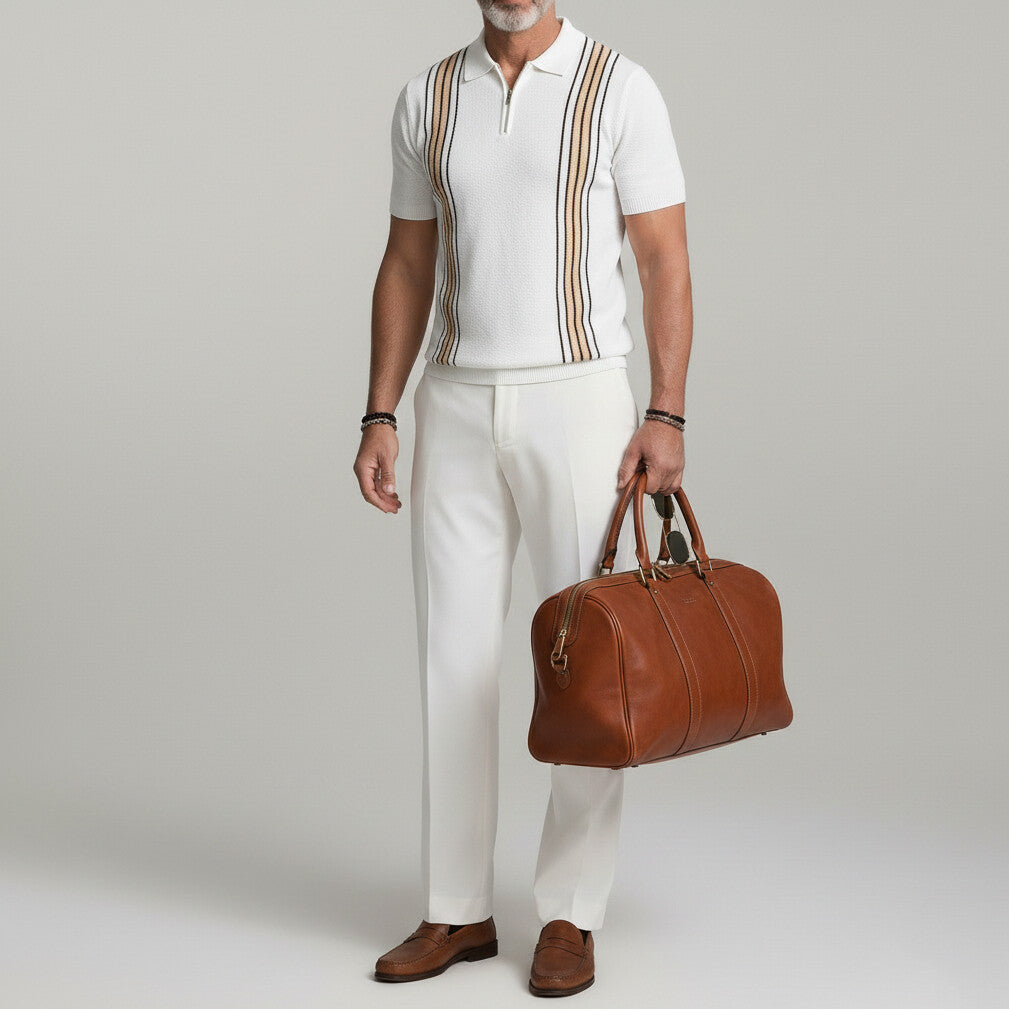 Men's Daily Striped Print Turndown Collar Half-Zip Knitted Polo Shirt