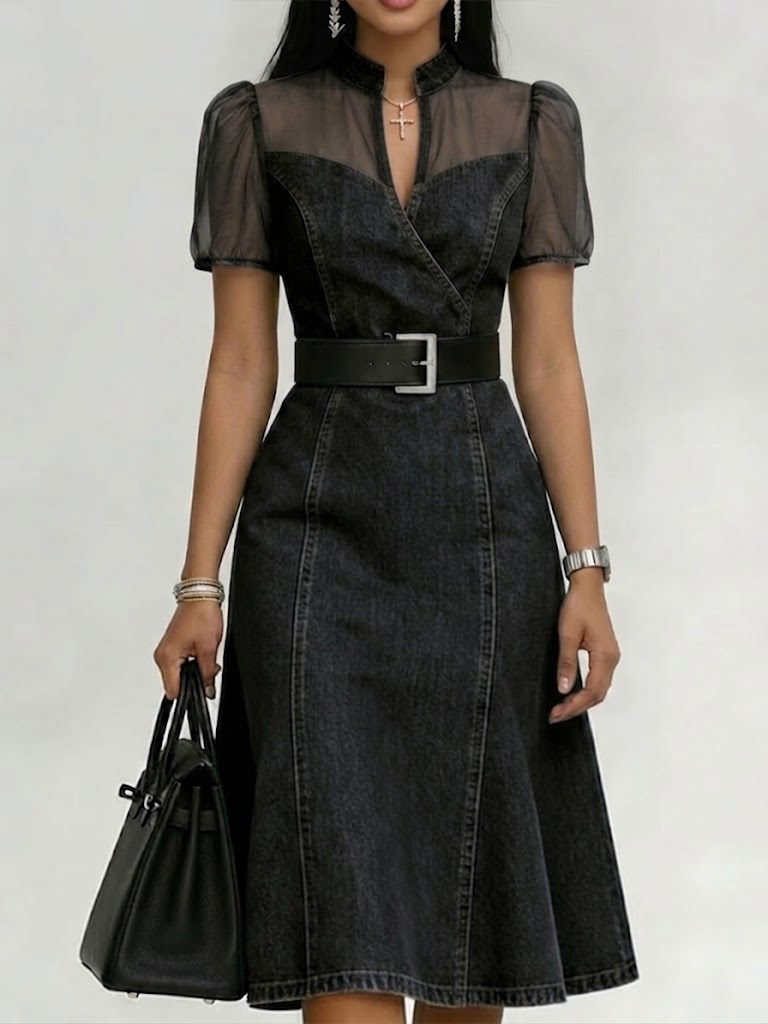 Stylish Casual Paneled Organza & Denim Dress