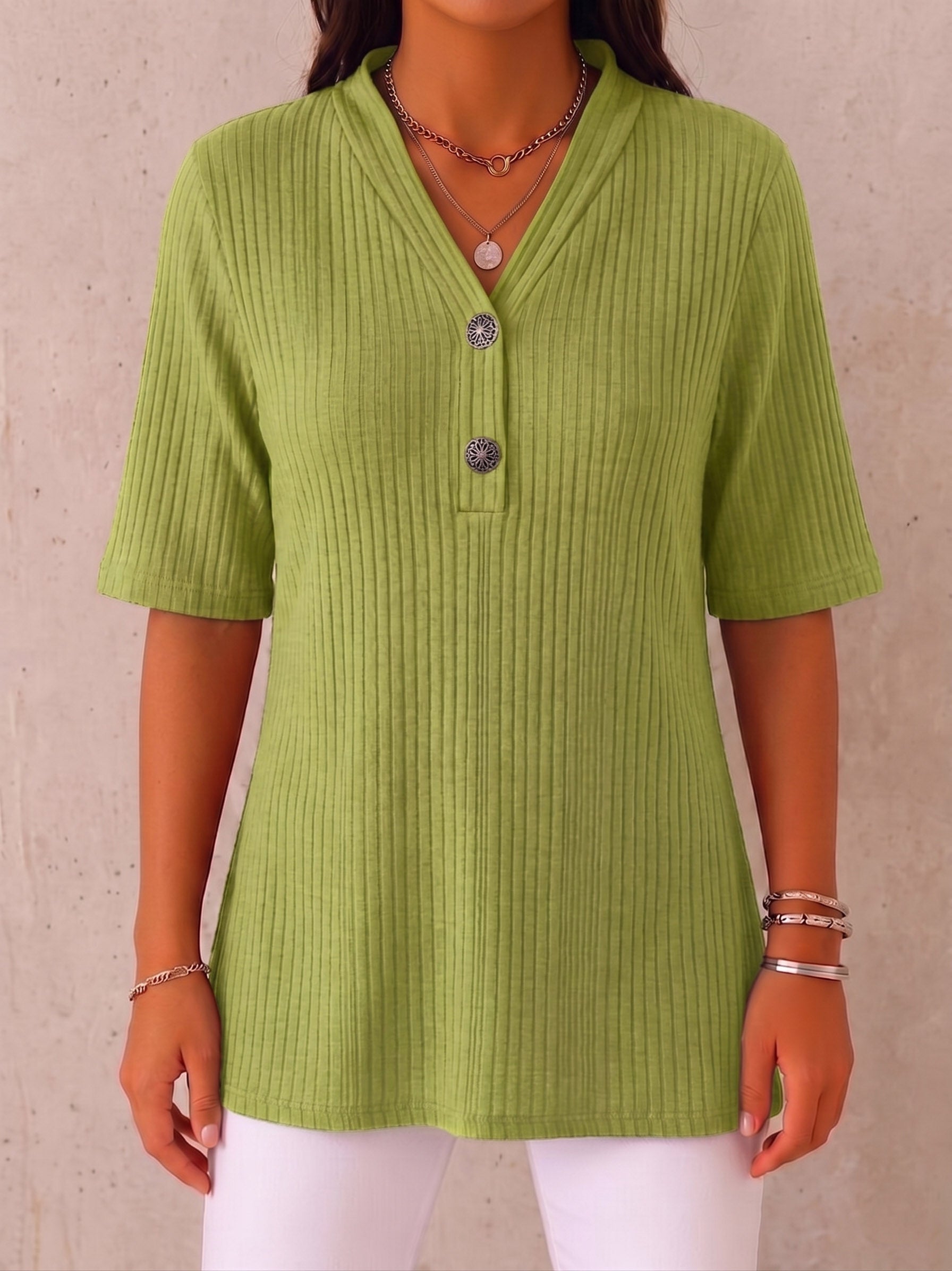 CLEARANCE SALE🔥 Ribbed Button-Neck Tee