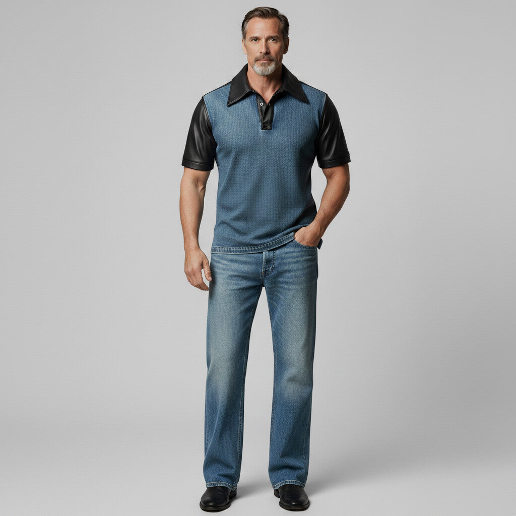 Men's PU Leather Patchwork Denim Two-Tone Slim Short Sleeve Polo Shirt