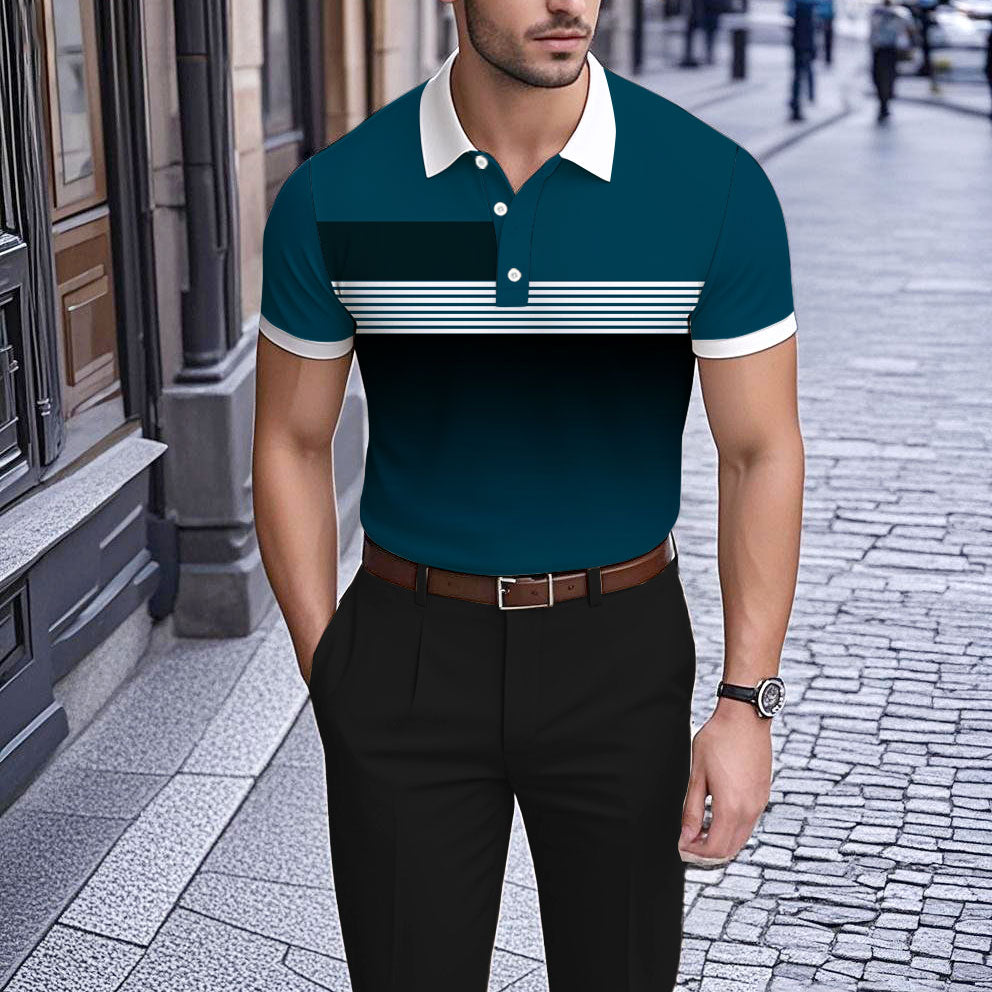Men's Business Casual Polo Collar Geometric Printed Short-Sleeved Shirt