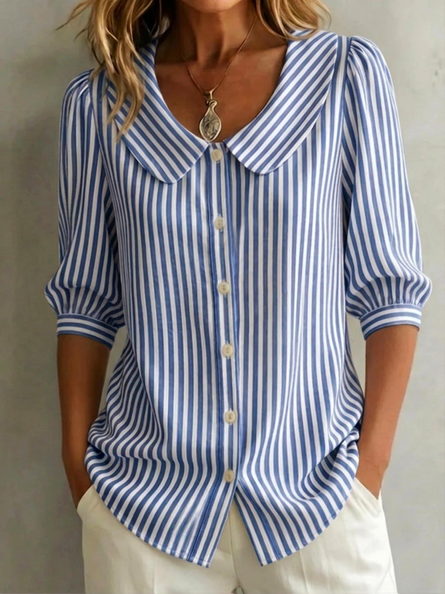 Clearance Sale🔥 Women's Retro Peter Pan Collar Striped Cotton Linen Shirt